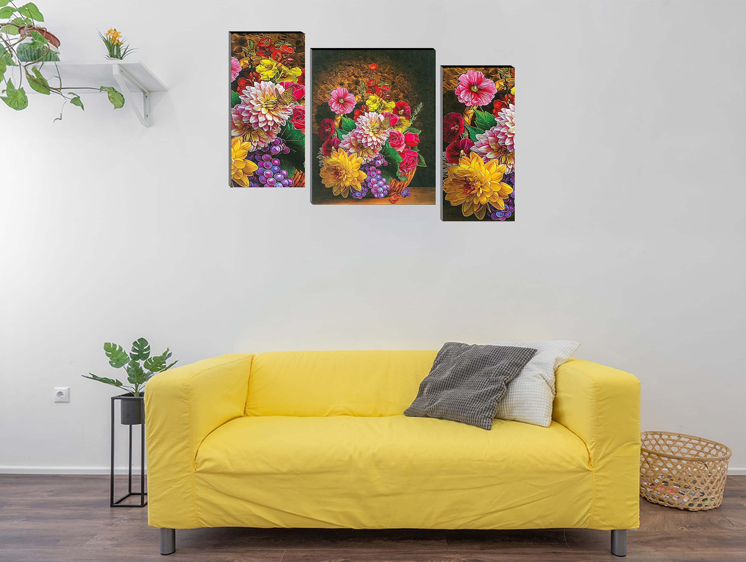 Indianara Set Of 3 Colourful Flowers Mdf Art Painting (3058Fl) Without Glass 4.5 X 12, 9 X 12, 4.5 X 12 Inch